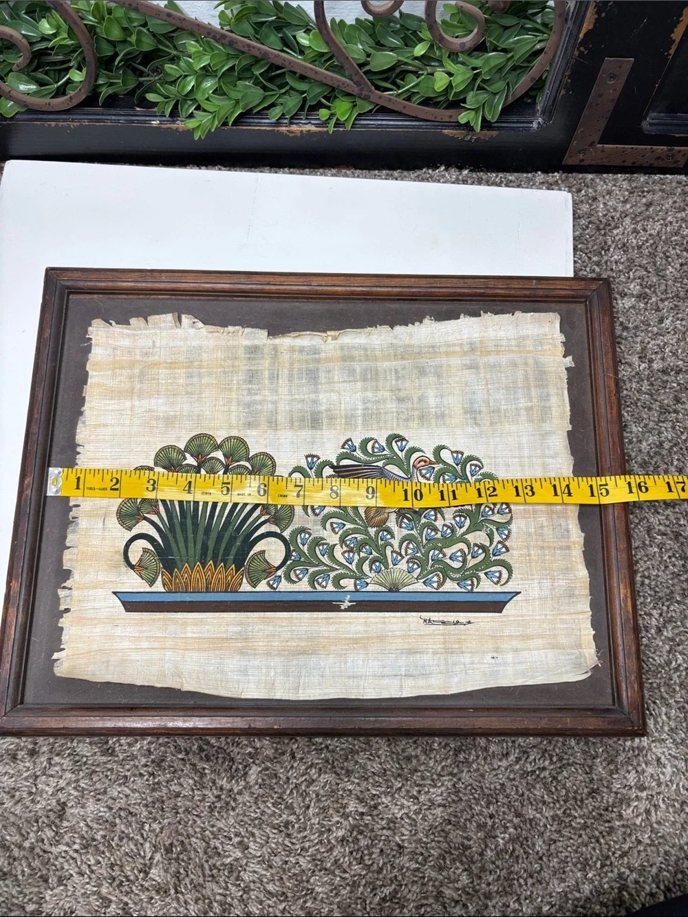 Egyptian art painted on papyrus duck lotus and papyrus plants with frame